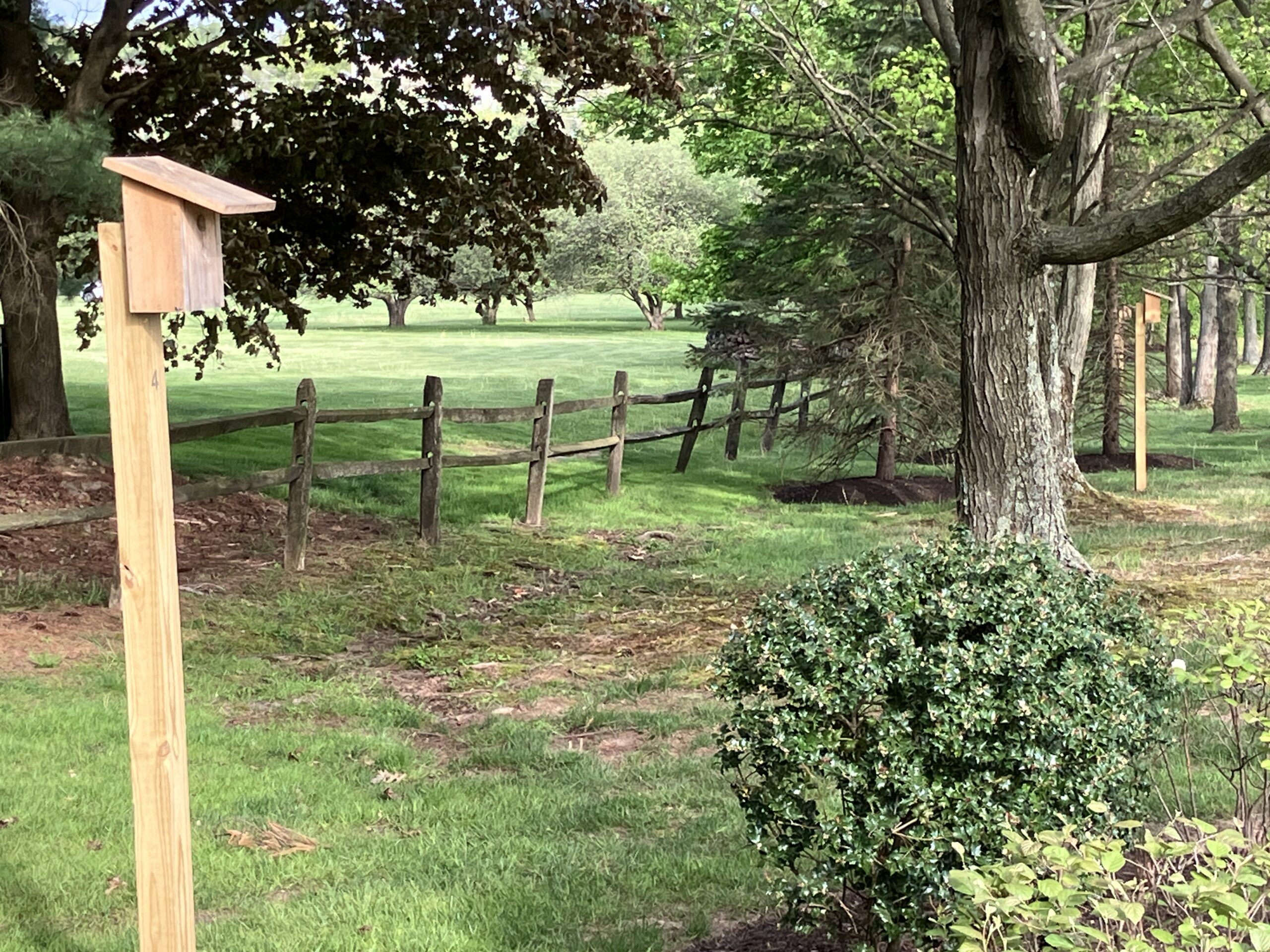 Two birdhouses in a row along the campus perimeter walking trail at the Community at Rockhill