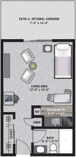 BIRCH Studio 235 square feet w/o patio | 339 square feet w/ patio