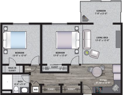 OAK 2 Bedroom / 1 Bath 710 square feet